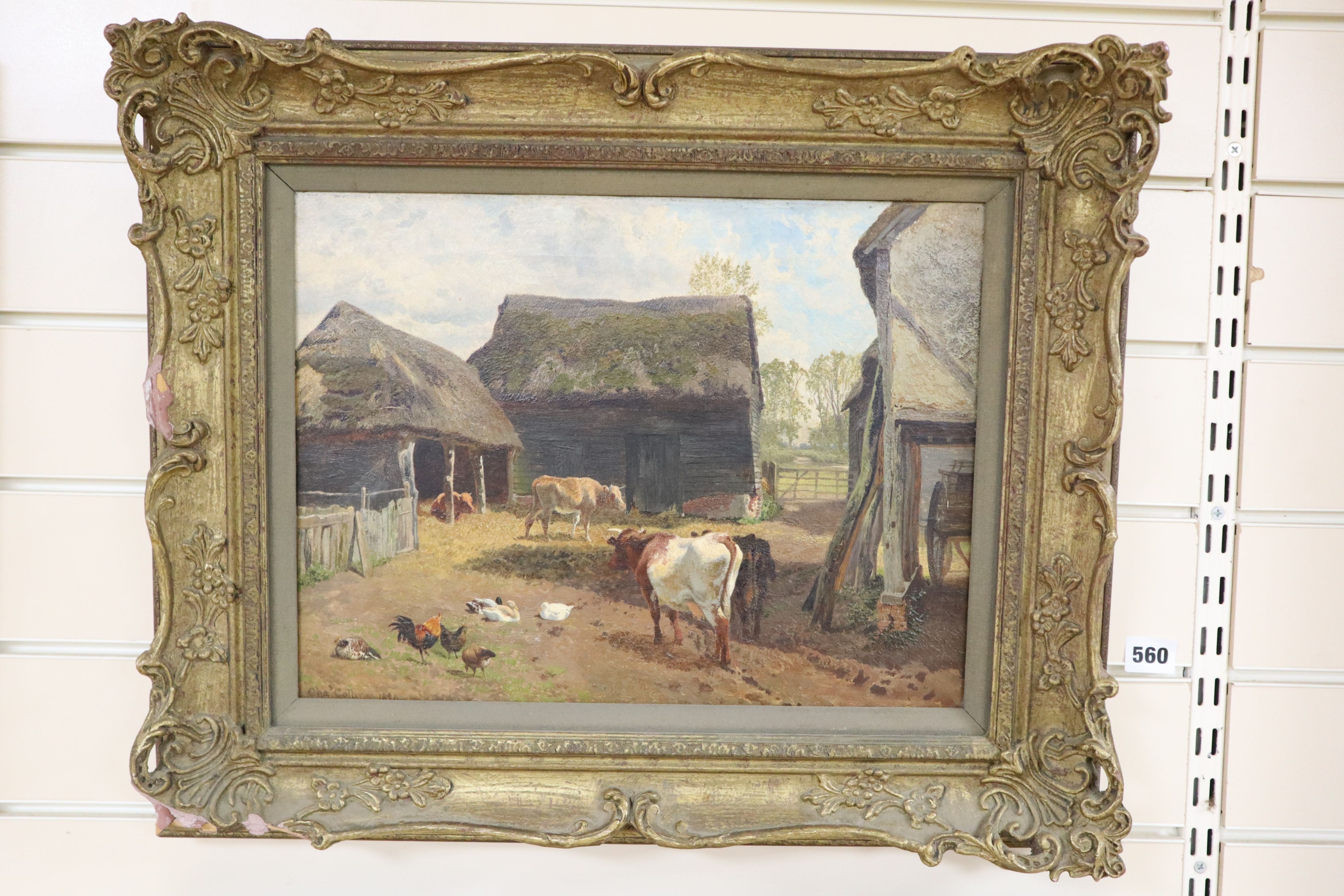 Charles Collins (1851-1921) oil on canvas, Cows, ducks and chickens in a farmyard, signed and dated 1880, 30 x 40cm.
